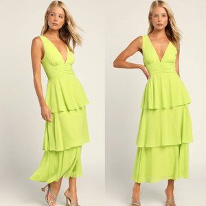 Lulu's Celebration Time Lime Green Sleeveless Tiered Midi Dress
